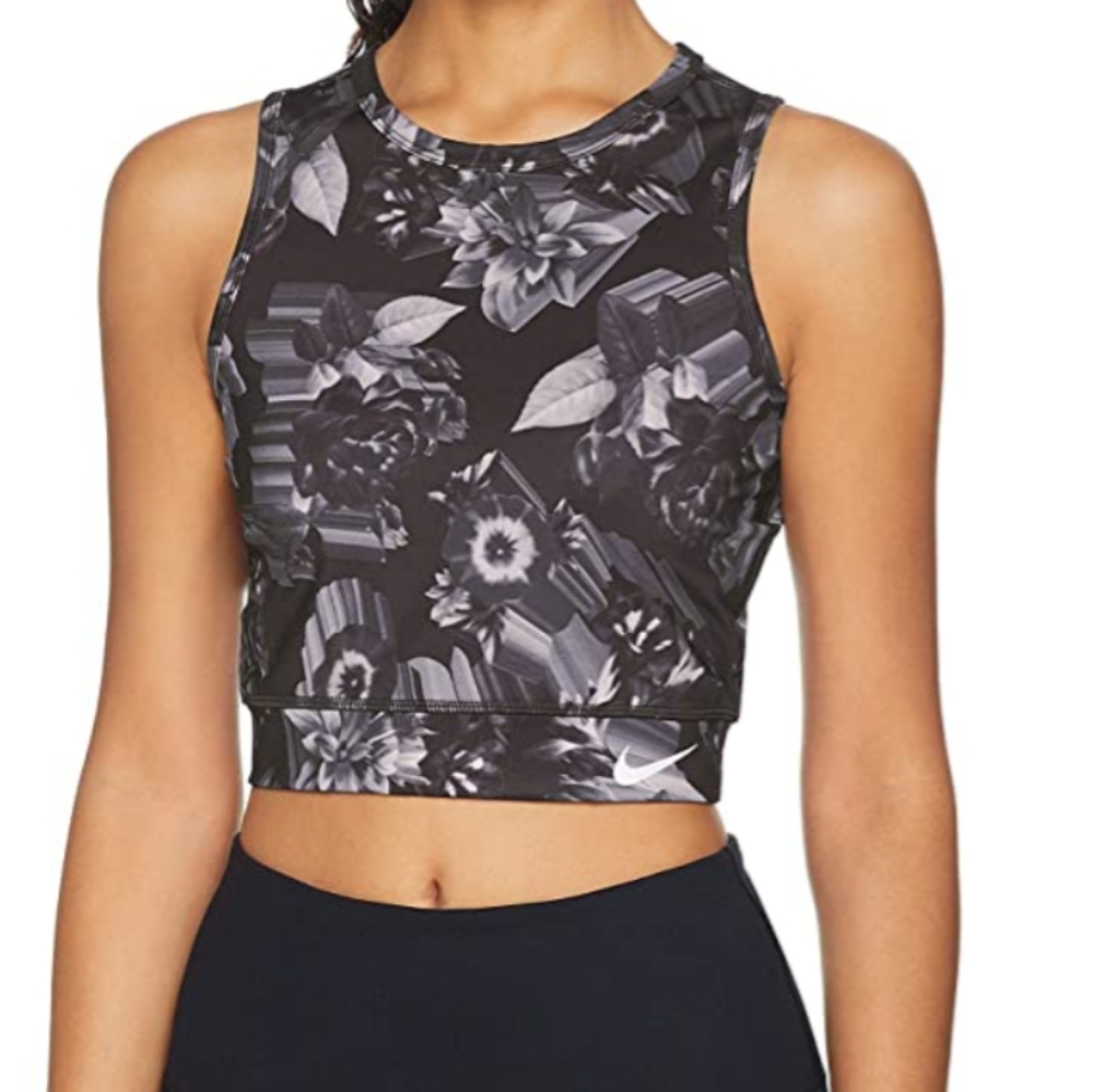 Nike Dri-fit Epic Lux Grey Floral Highneck Crop Top Size Large